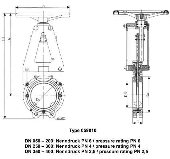 Knife gate valves, PN 2.5 - PN 6, DN150